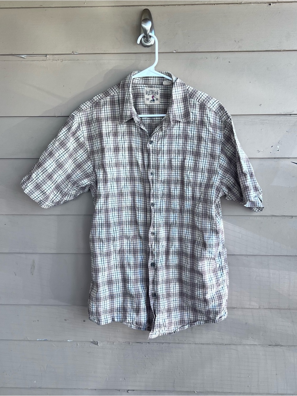 RedHead Brand Mens Brown Checkered Gingham Button Down Shirt Size M Short Sleeve